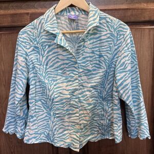 Pine Cone Hill Fine Linens Button Front Shirt Women's Small Blue Zebra Print